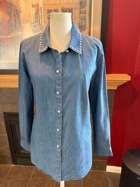 Chambray Blue Denim Shirt with pearl accents